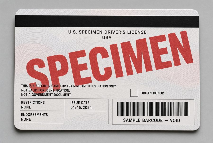 The back of a specimen driving licence, showing the signature strip and barcode.