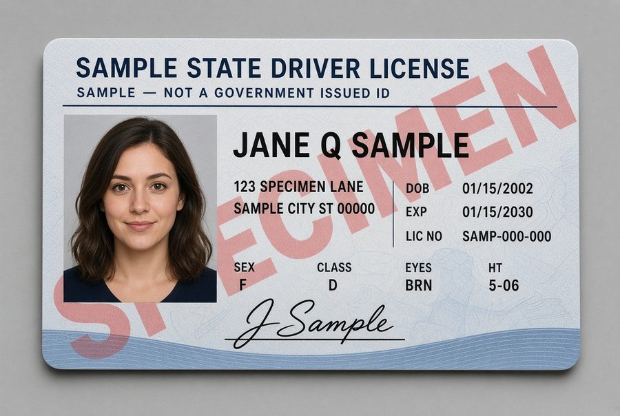 The front of a specimen driving licence, whole card in frame.